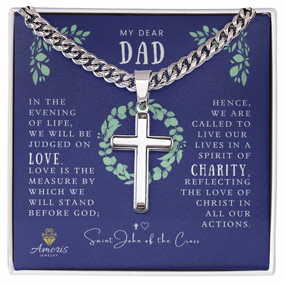 Collier artisanal en chaîne cubaine avec croix et citation de Saint Jean de la Croix