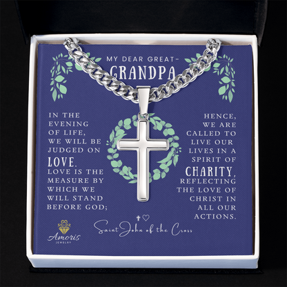 My Dear Great-Grandpa Cuban Chain Artisan Cross Necklace with Saint John of the Cross Quote