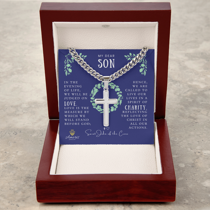 Collar de cruz artesanal de cadena cubana "Mi querido hijo" con cita de San Juan de la Cruz