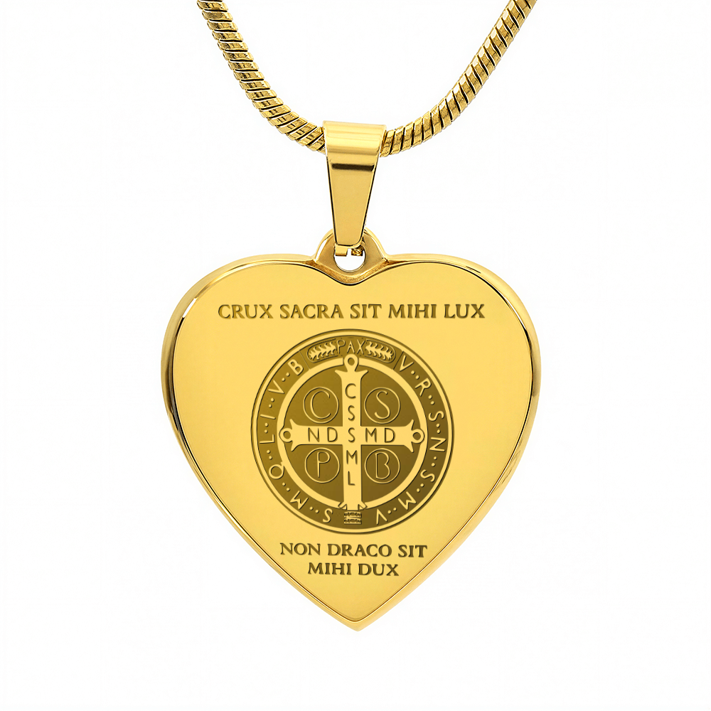 Saint Benedict Medal Heart Necklace with Personalized Engraving