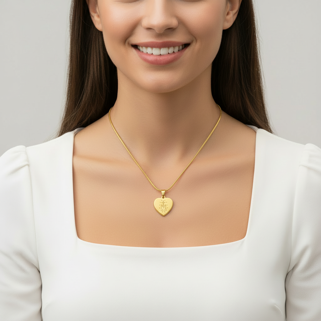 Miraculous Medal Artistic Verso Heart Necklace with Personalized Engraving