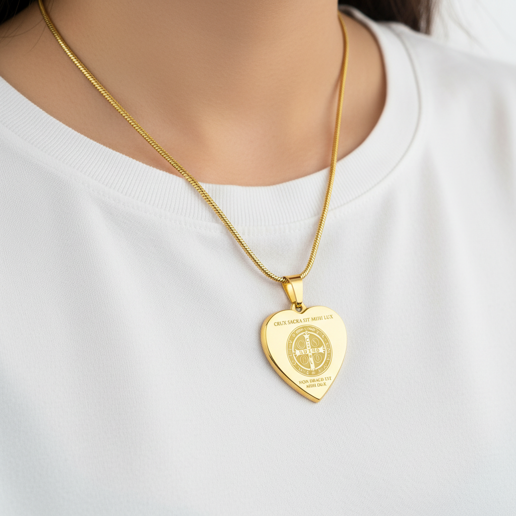 Saint Benedict Medal Heart Necklace with Personalized Engraving