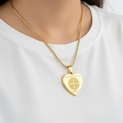 Saint Benedict Medal Heart Necklace with Personalized Engraving