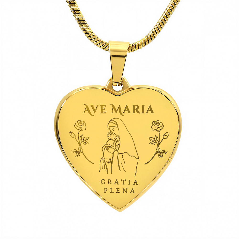Ave Maria Gratia Plena Heart Necklace with Personalized Engraving