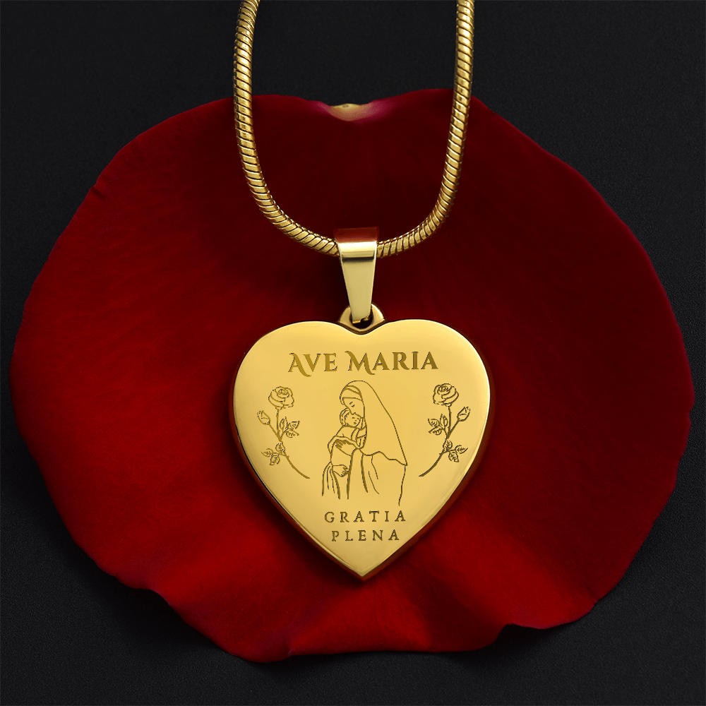 Ave Maria Gratia Plena Heart Necklace with Personalized Engraving