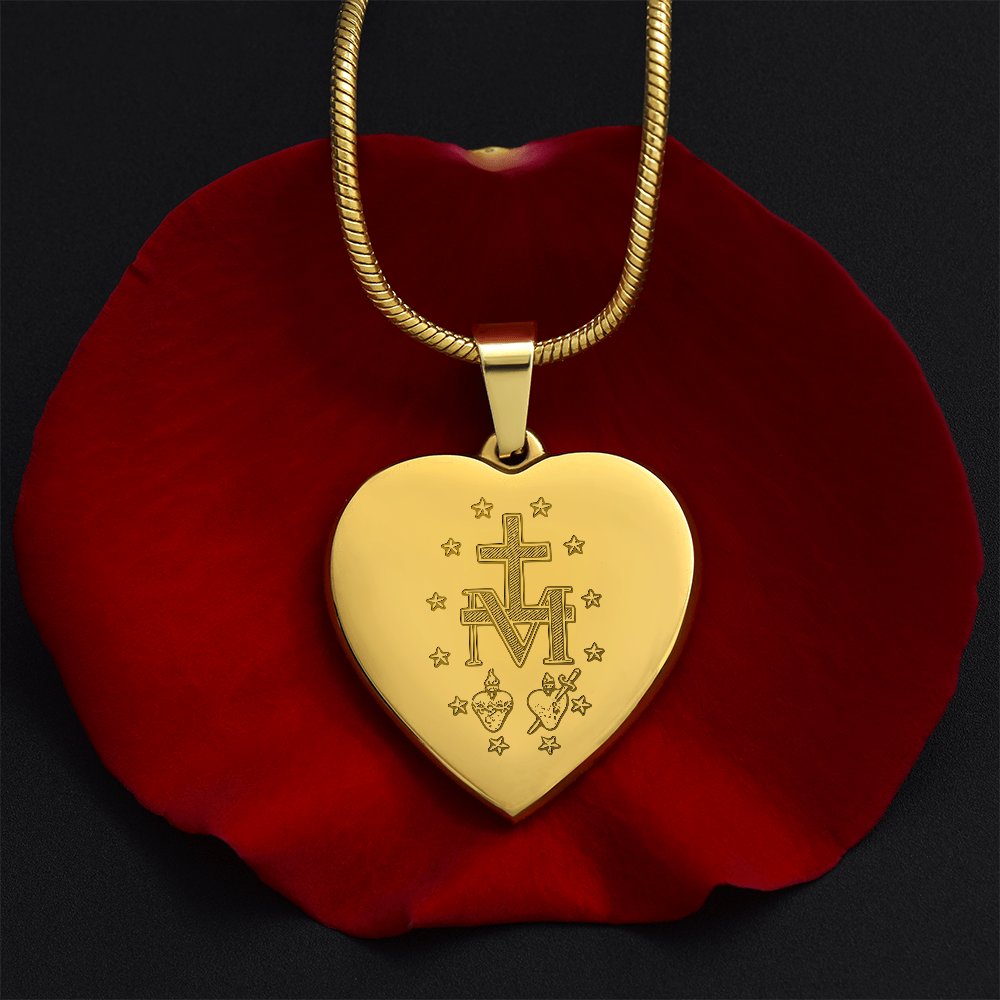 Miraculous Medal Artistic Verso Heart Necklace with Personalized Engraving