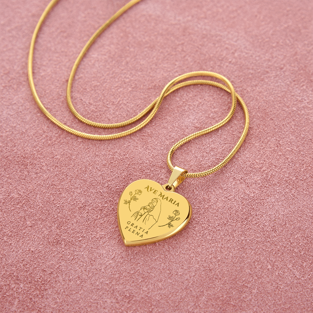 Ave Maria Gratia Plena Heart Necklace with Personalized Engraving