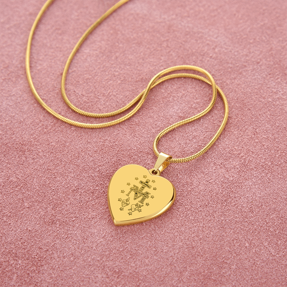 Miraculous Medal Artistic Verso Heart Necklace with Personalized Engraving