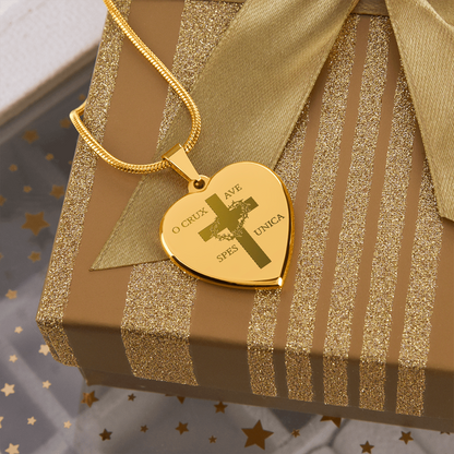 "O Crux ave, spes unica" Cross Heart Necklace with Personalized Engraving