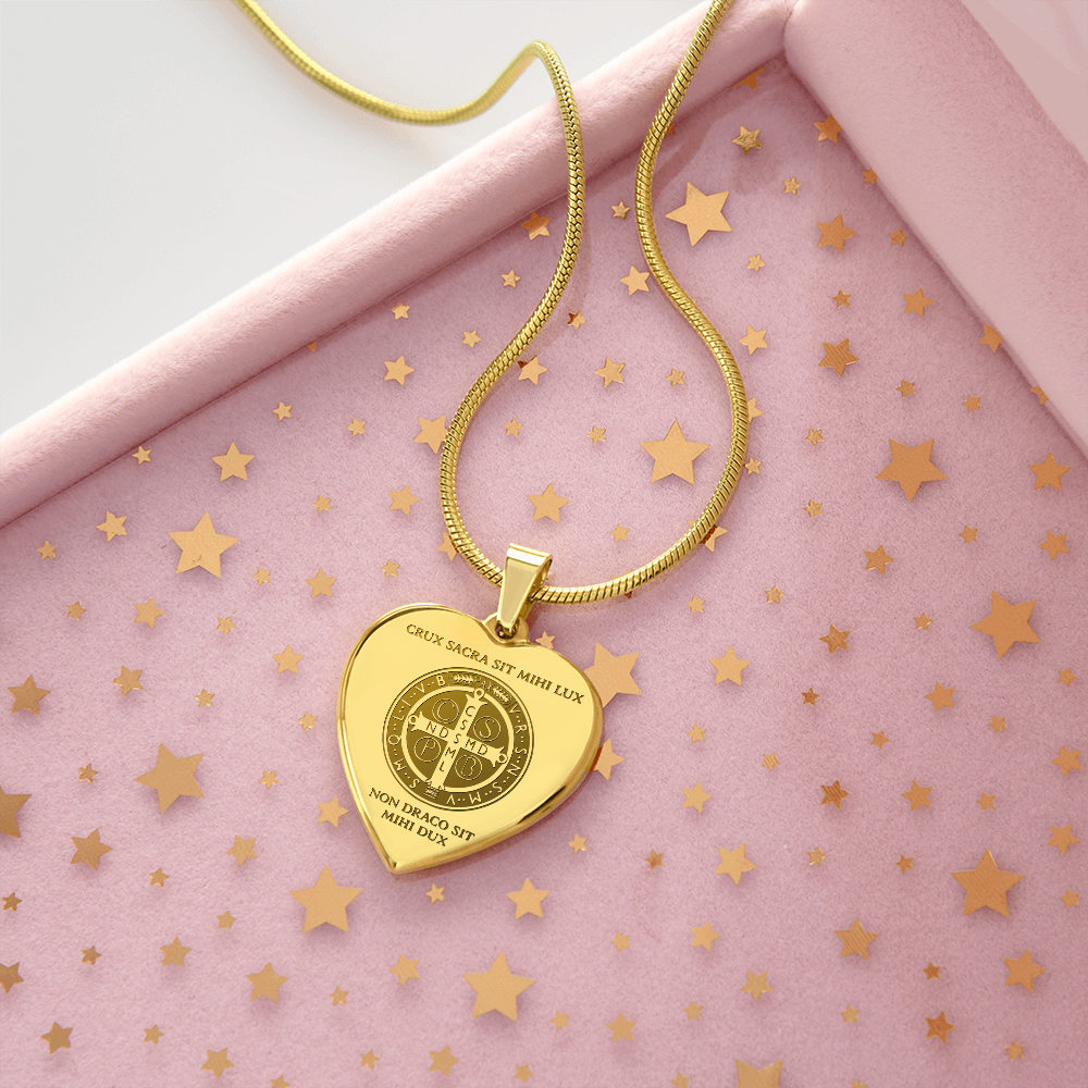 Saint Benedict Medal Heart Necklace with Personalized Engraving