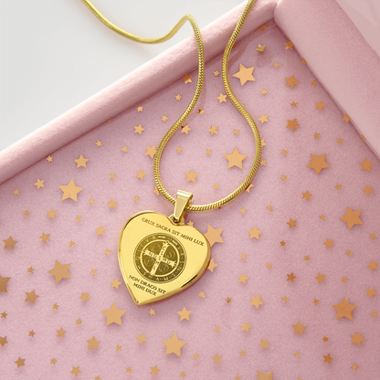 Saint Benedict Medal Heart Necklace with Personalized Engraving