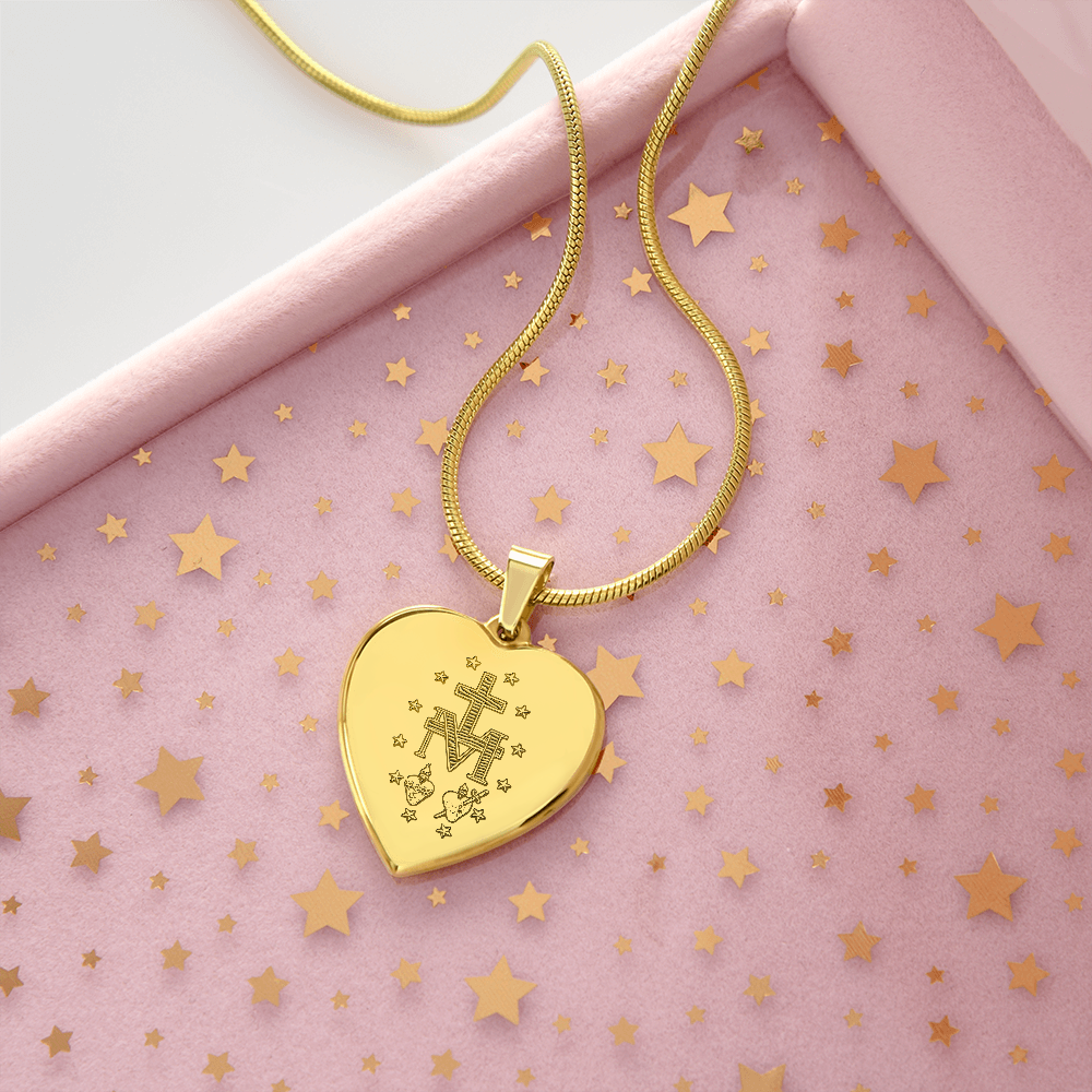 Miraculous Medal Artistic Verso Heart Necklace with Personalized Engraving