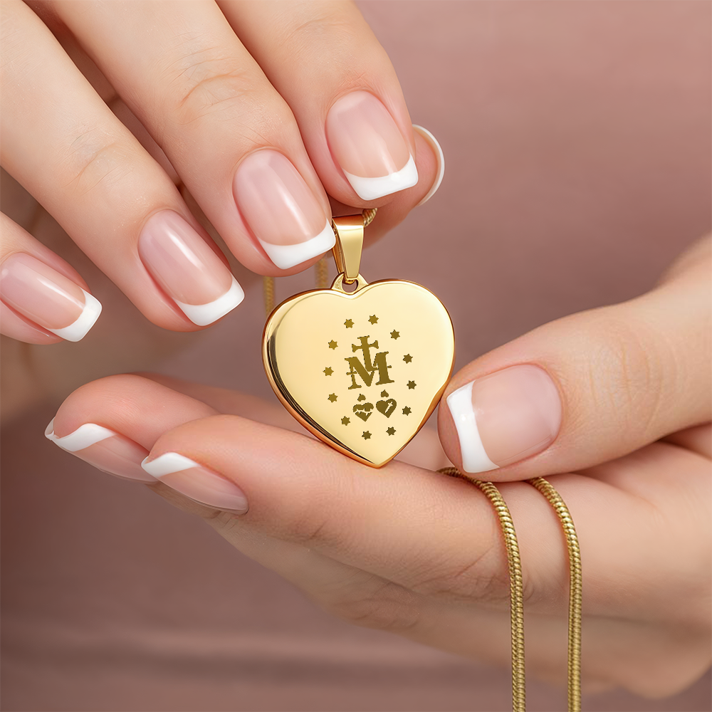 Miraculous Medal Verso Heart Necklace with Personalized Engraving