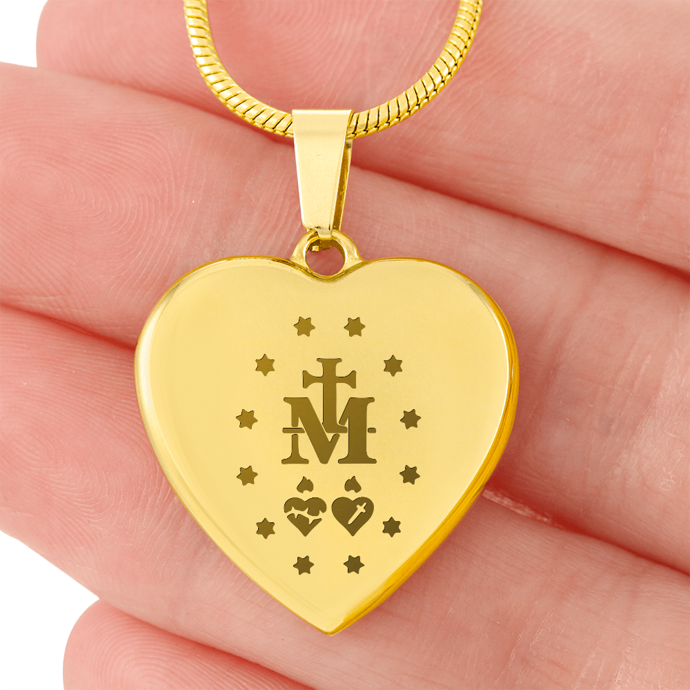 Miraculous Medal Verso Heart Necklace with Personalized Engraving