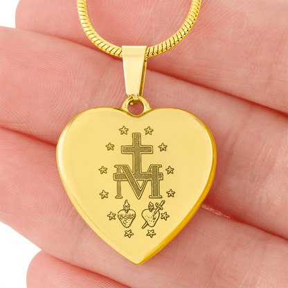 Miraculous Medal Artistic Verso Heart Necklace with Personalized Engraving