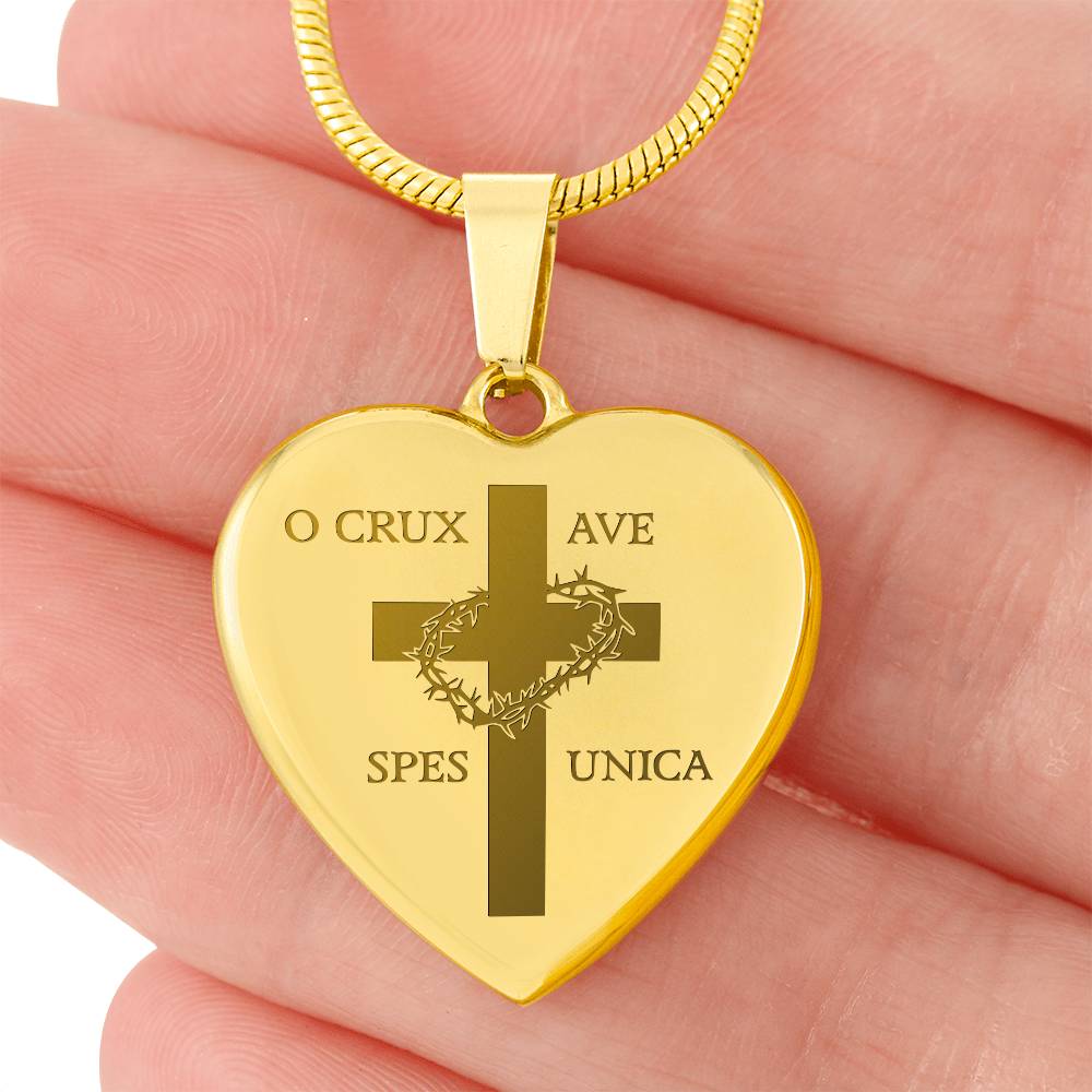 "O Crux ave, spes unica" Cross Heart Necklace with Personalized Engraving
