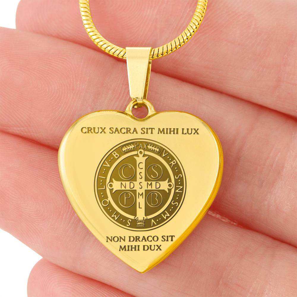 Saint Benedict Medal Heart Necklace with Personalized Engraving