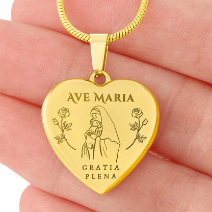 Ave Maria Gratia Plena Heart Necklace with Personalized Engraving