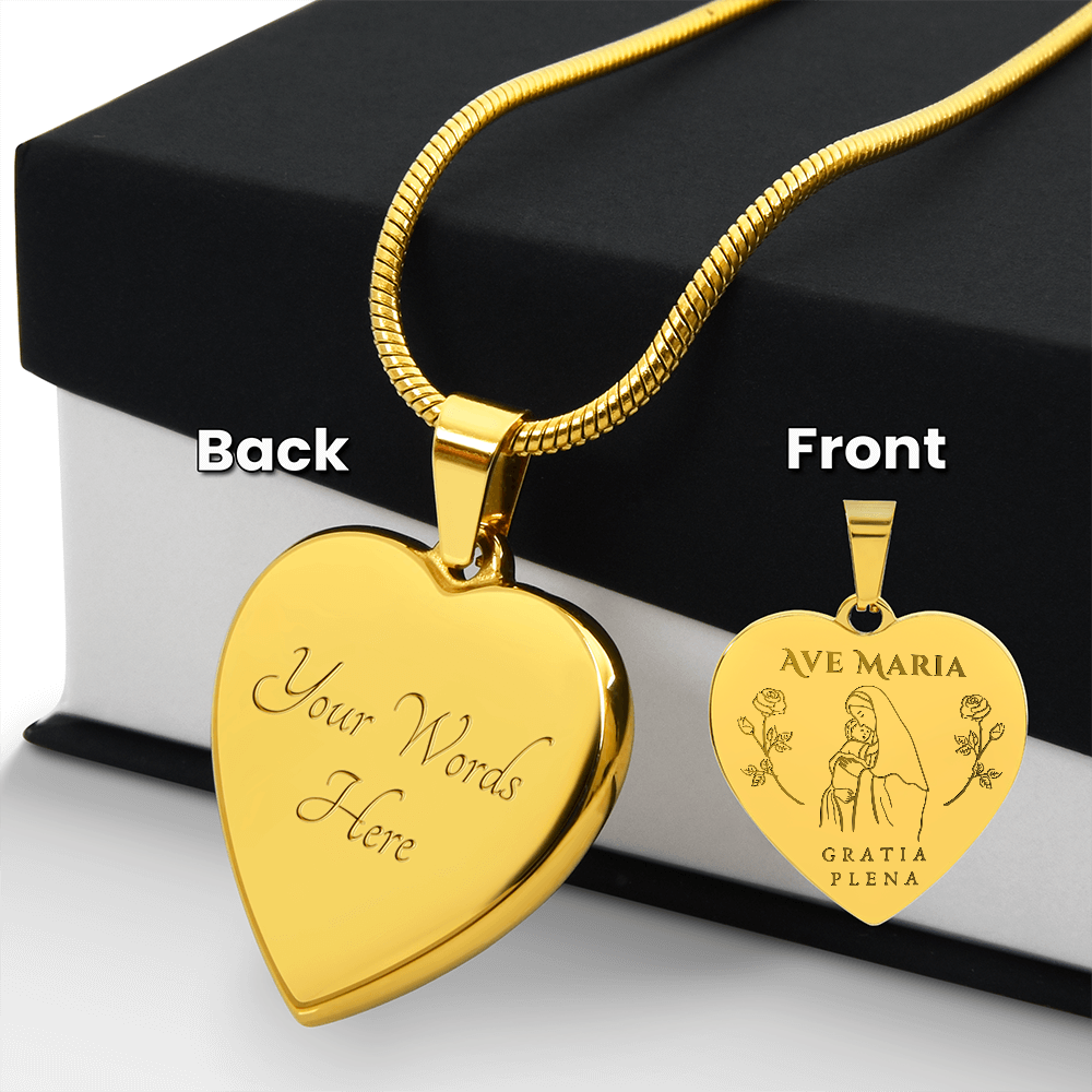 Ave Maria Gratia Plena Heart Necklace with Personalized Engraving