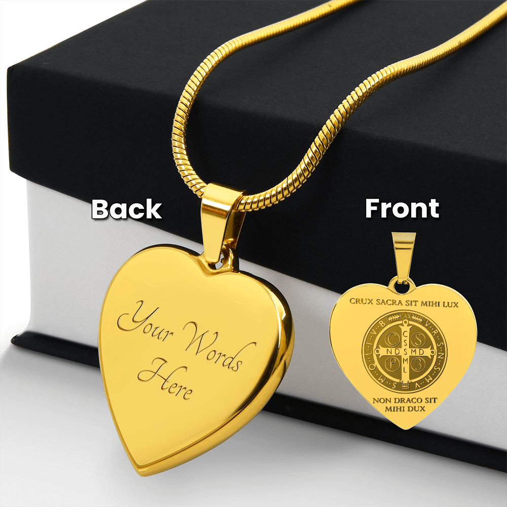 Saint Benedict Medal Heart Necklace with Personalized Engraving