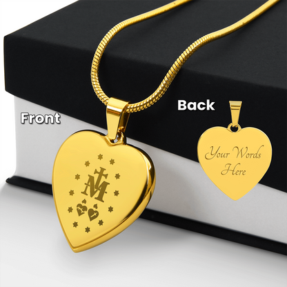 Miraculous Medal Verso Heart Necklace with Personalized Engraving