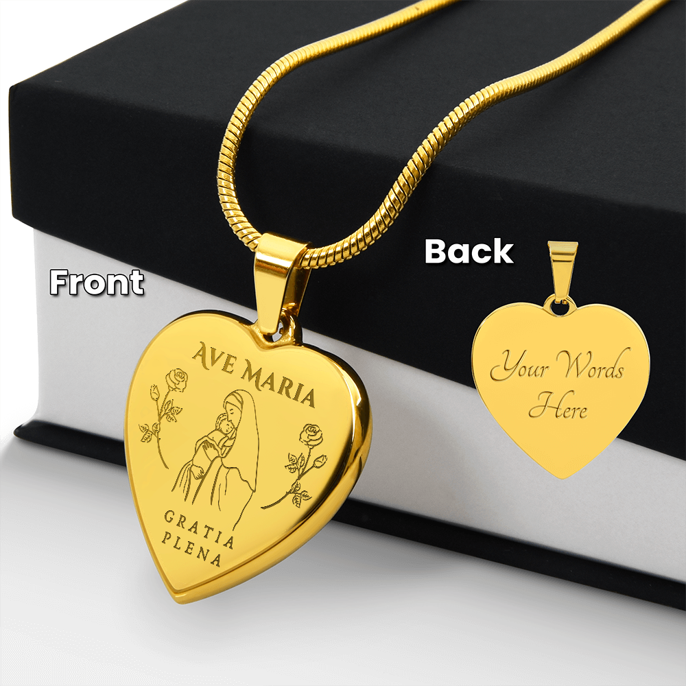 Ave Maria Gratia Plena Heart Necklace with Personalized Engraving