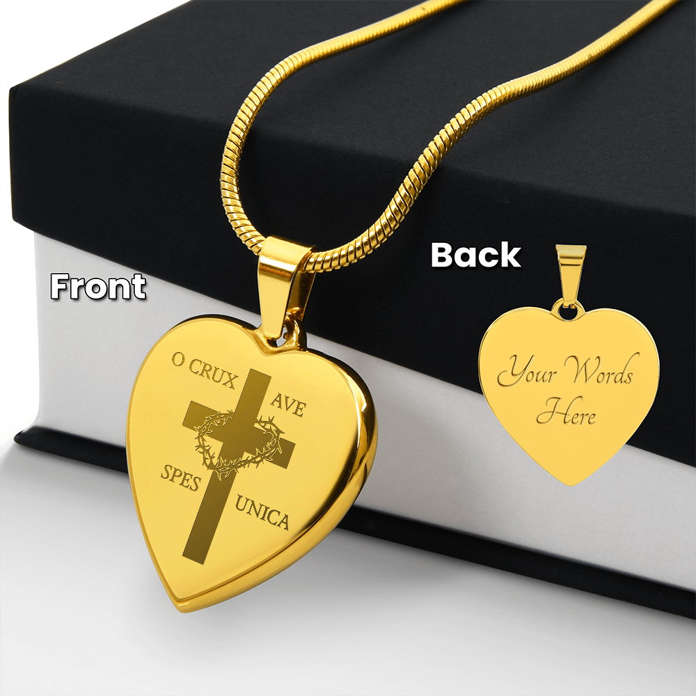 "O Crux ave, spes unica" Cross Heart Necklace with Personalized Engraving