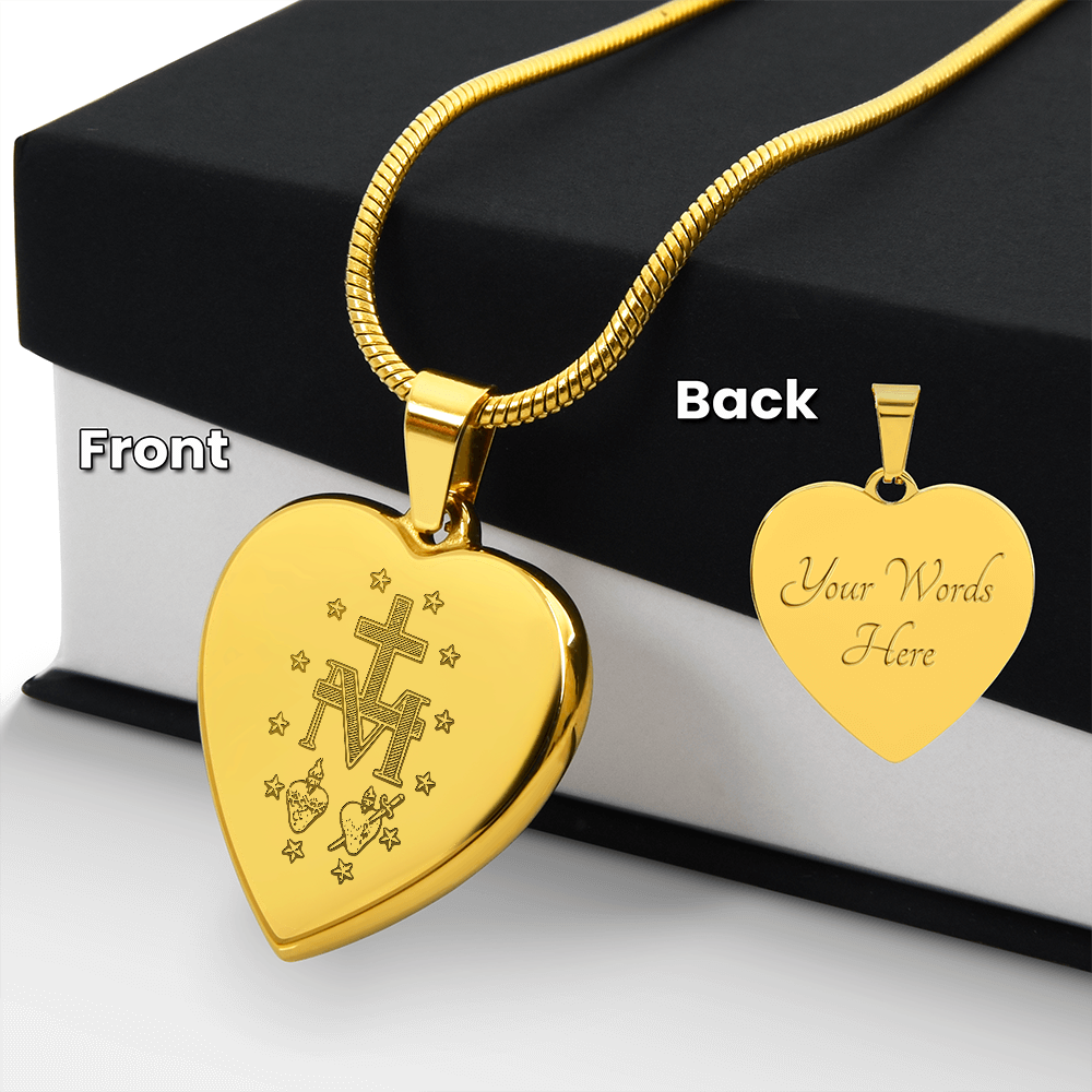 Miraculous Medal Artistic Verso Heart Necklace with Personalized Engraving