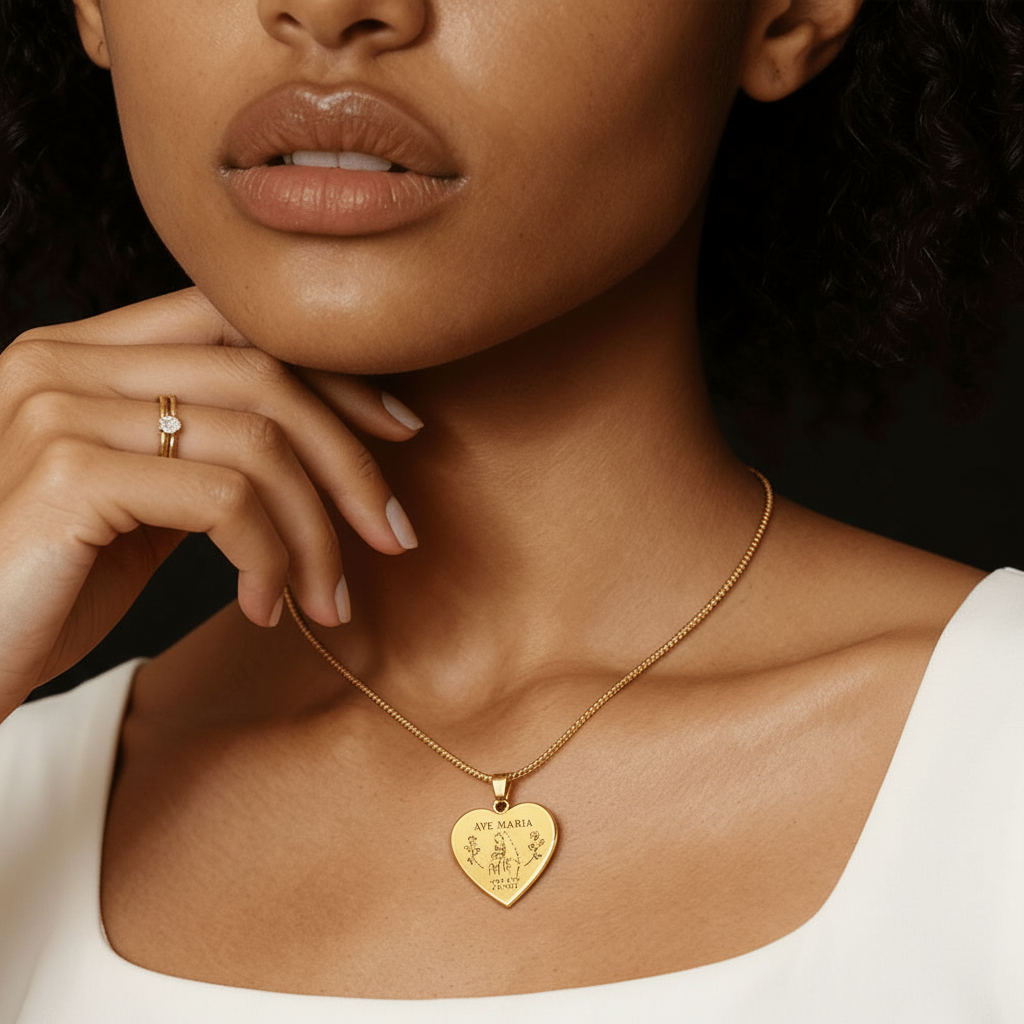 Ave Maria Gratia Plena Heart Necklace with Personalized Engraving