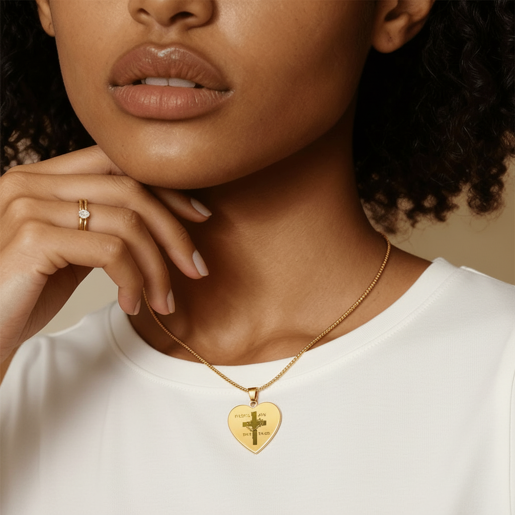 "O Crux ave, spes unica" Cross Heart Necklace with Personalized Engraving