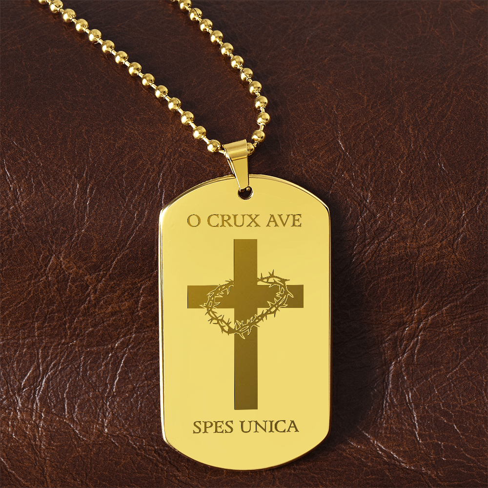 "O Crux ave, spes unica" Cross Tag Necklace with Personalized Engraving