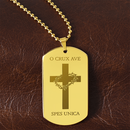 "O Crux ave, spes unica" Cross Tag Necklace with Personalized Engraving