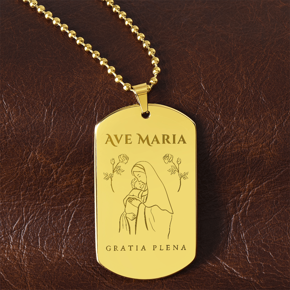 Ave Maria Gratia Plena Tag Necklace with Personalized Engraving
