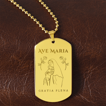 Ave Maria Gratia Plena Tag Necklace with Personalized Engraving