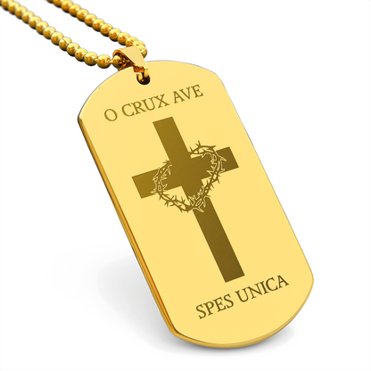 "O Crux ave, spes unica" Cross Tag Necklace with Personalized Engraving