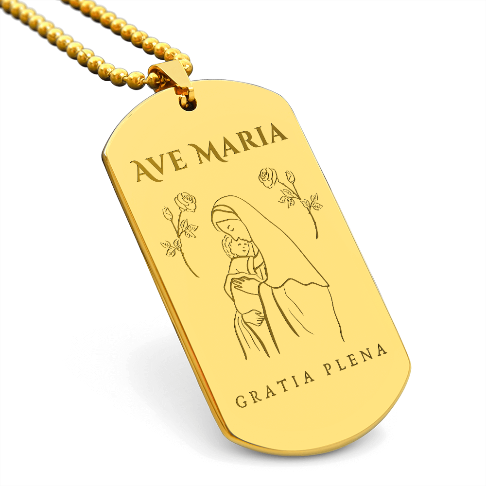 Ave Maria Gratia Plena Tag Necklace with Personalized Engraving