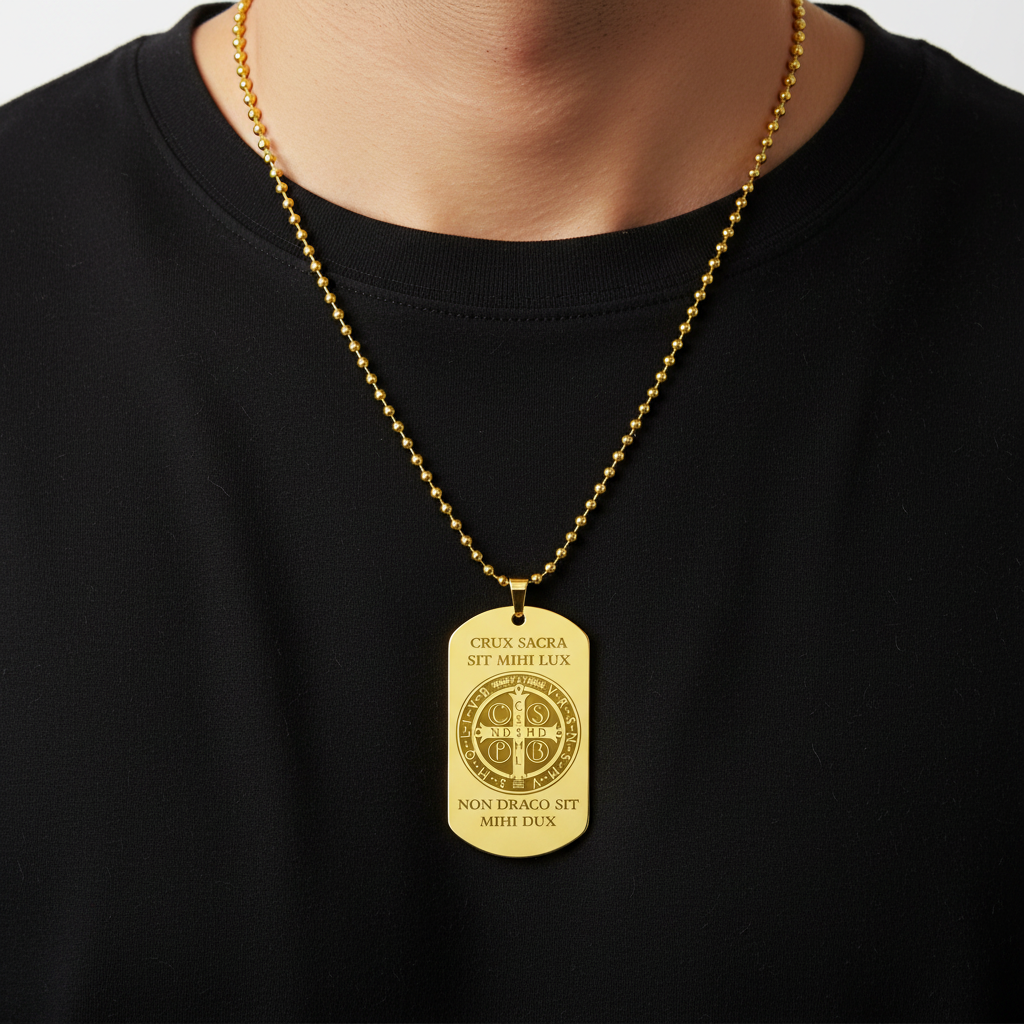 Saint Benedict Medal Tag Necklace with Personalized Engraving