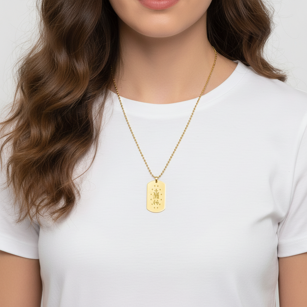 Miraculous Medal Verso Tag Necklace with Personalized Engraving