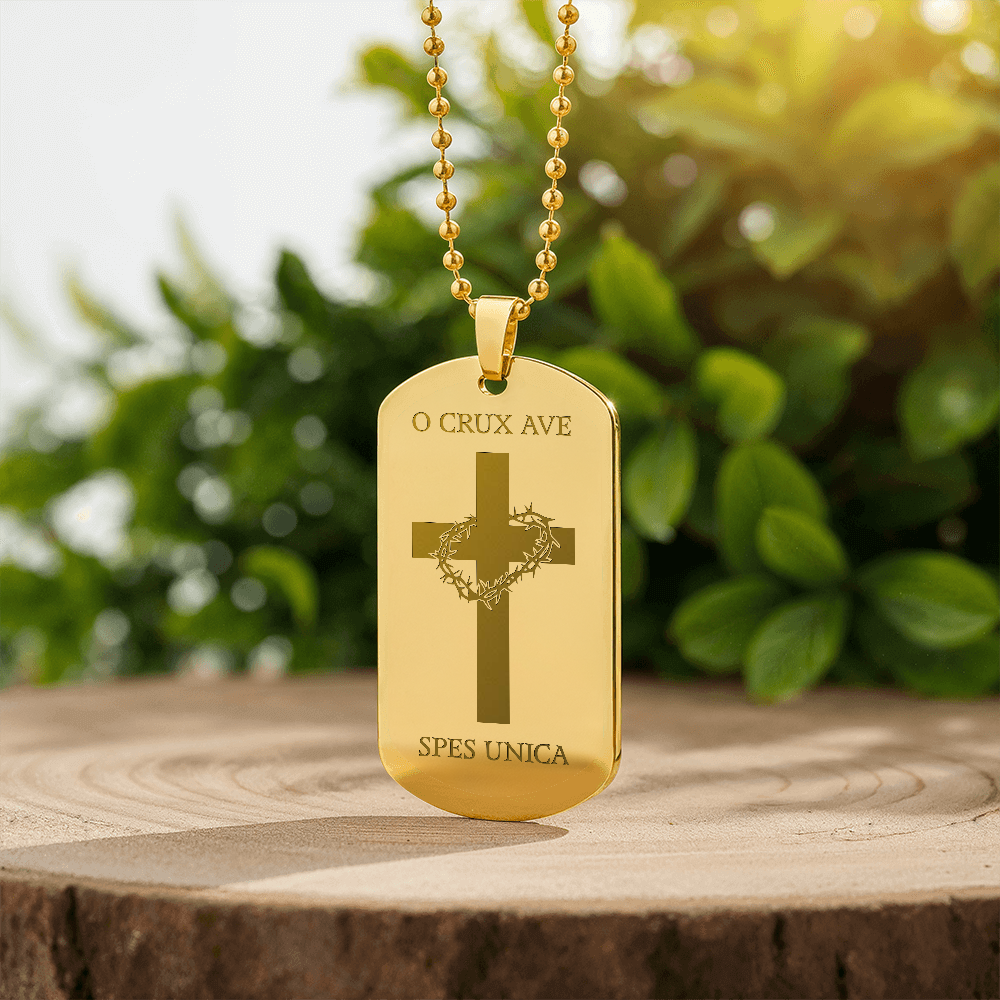 "O Crux ave, spes unica" Cross Tag Necklace with Personalized Engraving