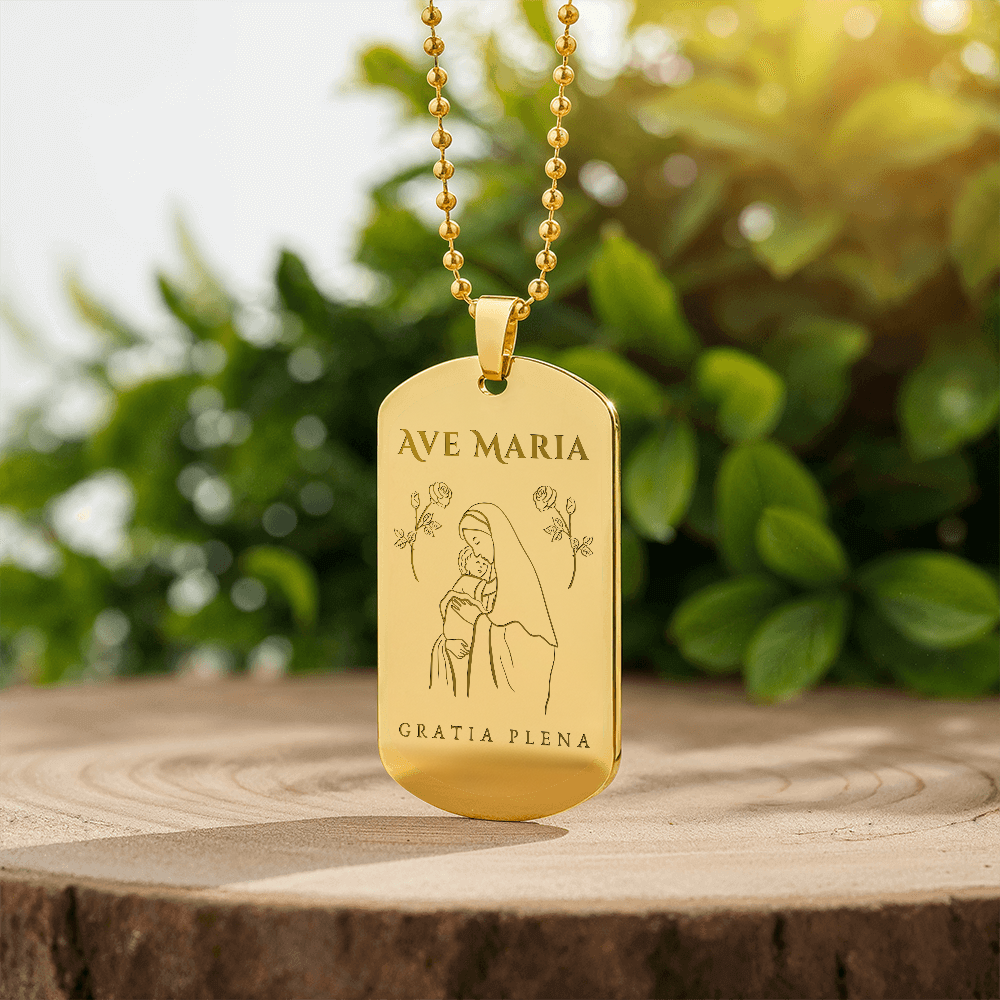 Ave Maria Gratia Plena Tag Necklace with Personalized Engraving