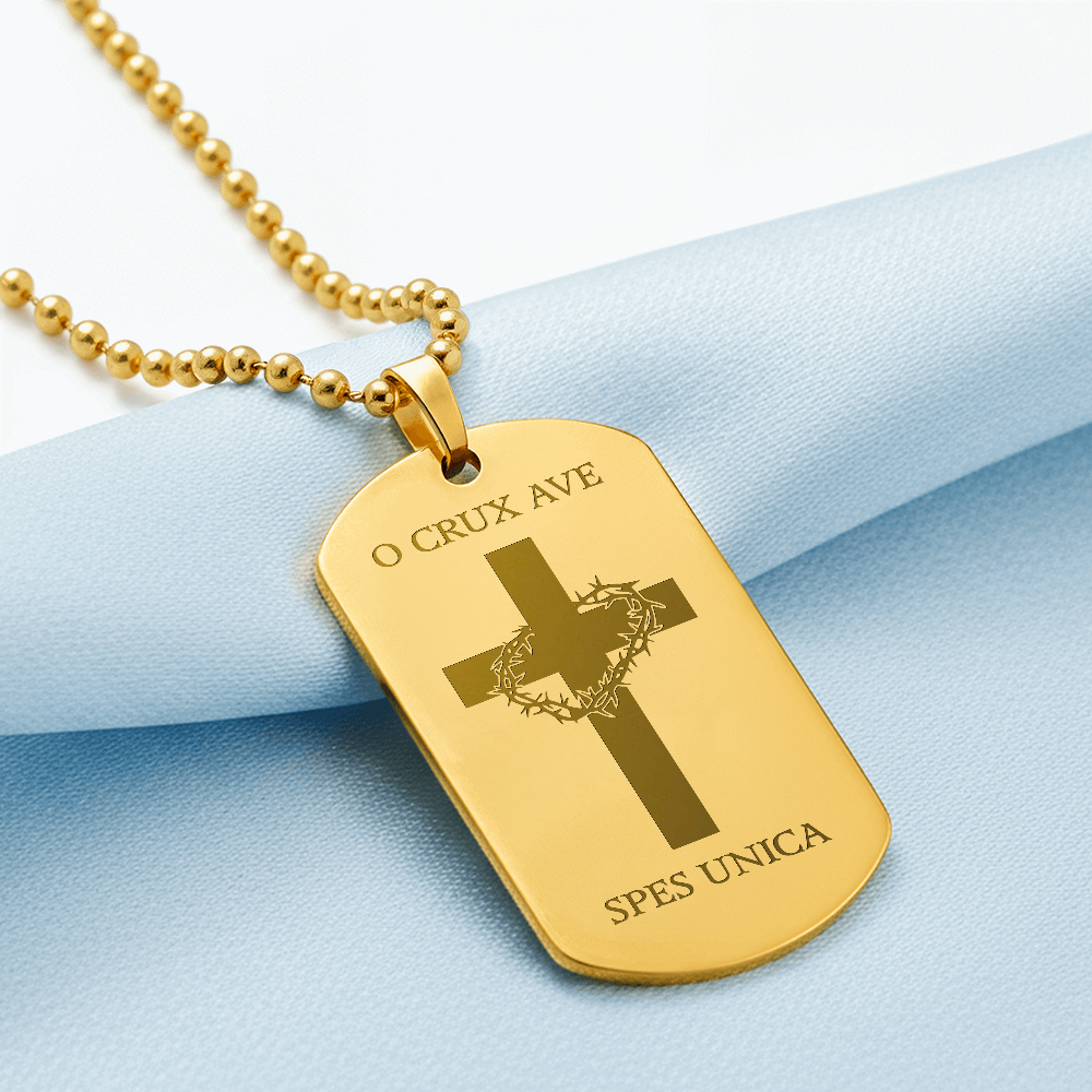 "O Crux ave, spes unica" Cross Tag Necklace with Personalized Engraving