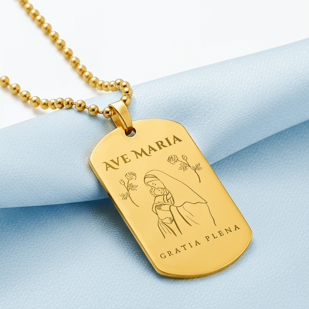 Ave Maria Gratia Plena Tag Necklace with Personalized Engraving