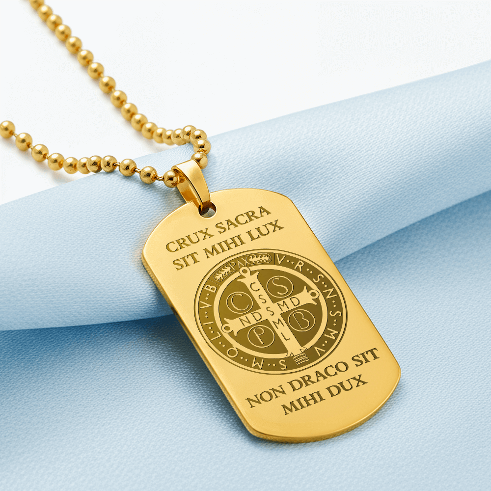Saint Benedict Medal Tag Necklace with Personalized Engraving