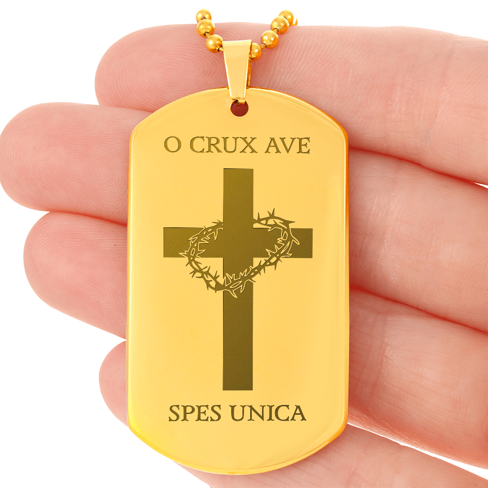 "O Crux ave, spes unica" Cross Tag Necklace with Personalized Engraving