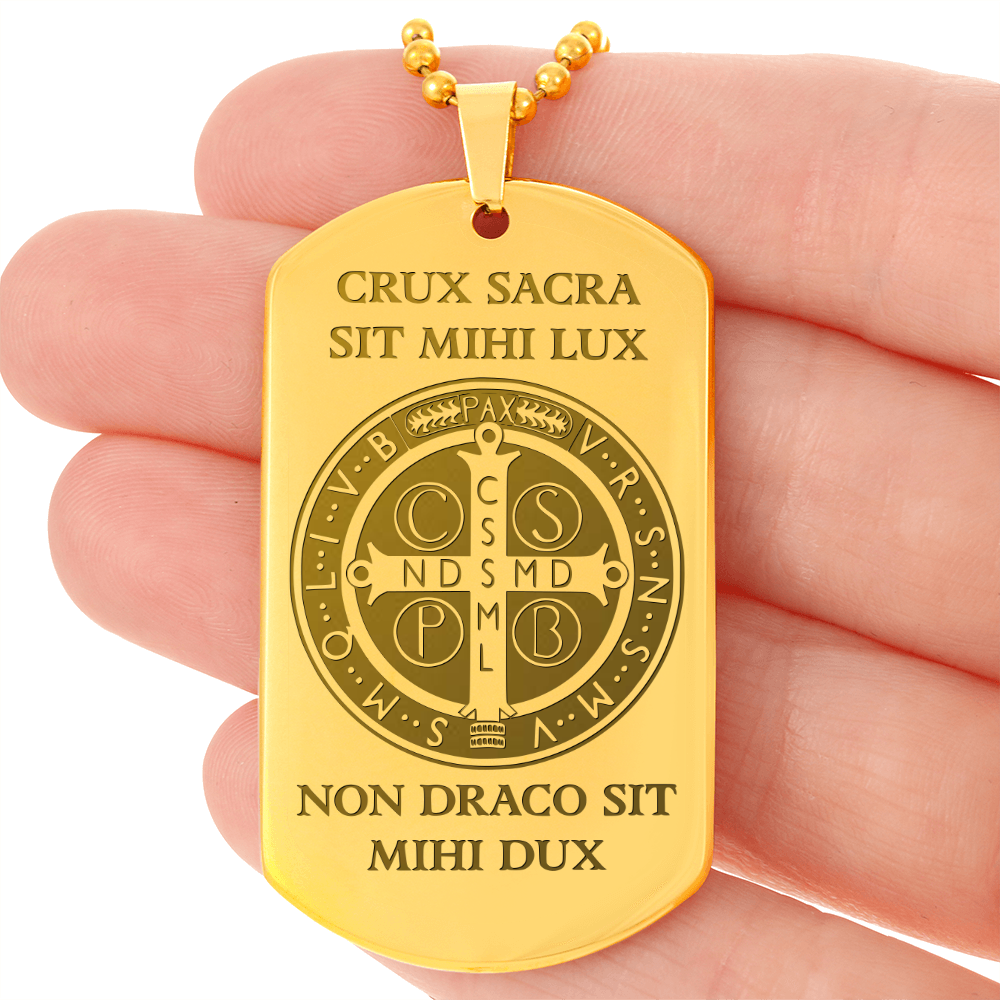 Saint Benedict Medal Tag Necklace with Personalized Engraving