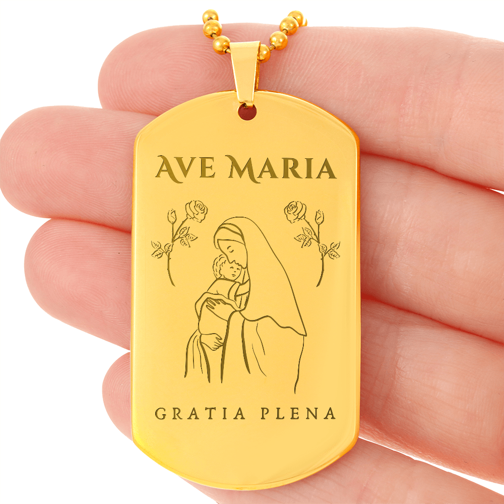 Ave Maria Gratia Plena Tag Necklace with Personalized Engraving