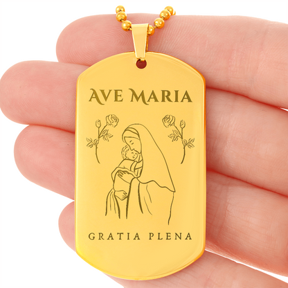 Ave Maria Gratia Plena Tag Necklace with Personalized Engraving