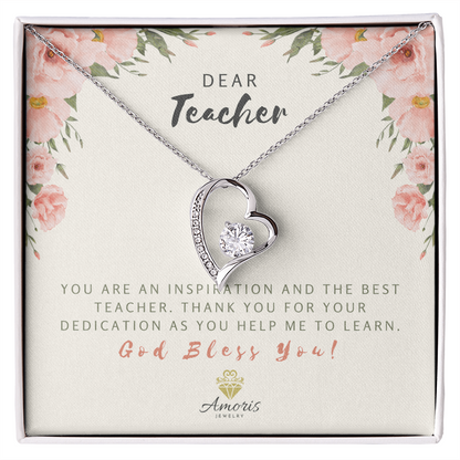 Querido Maestro, Dios te bendiga, collar de corazón con tarjeta con mensaje