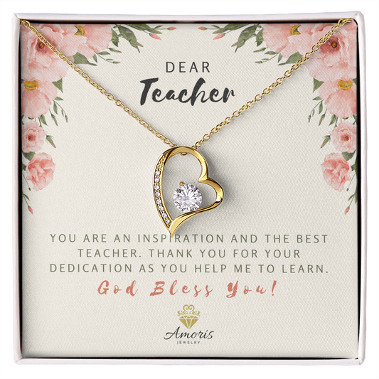Dear Teacher God Bless You Heart Necklace with Message Card