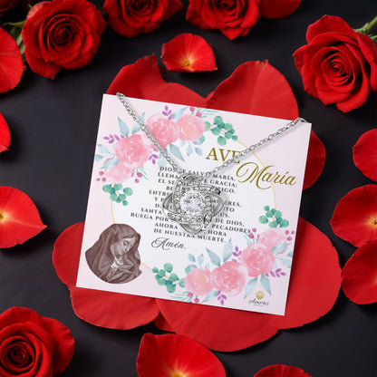 Ave María Love Knot Necklace with Eternal Rose and SPANISH Prayer Card